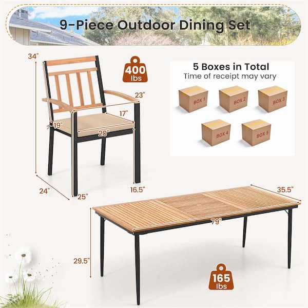 Natural and Black 9-Piece Wood Rectangle Outdoor Dining Set with Cushions