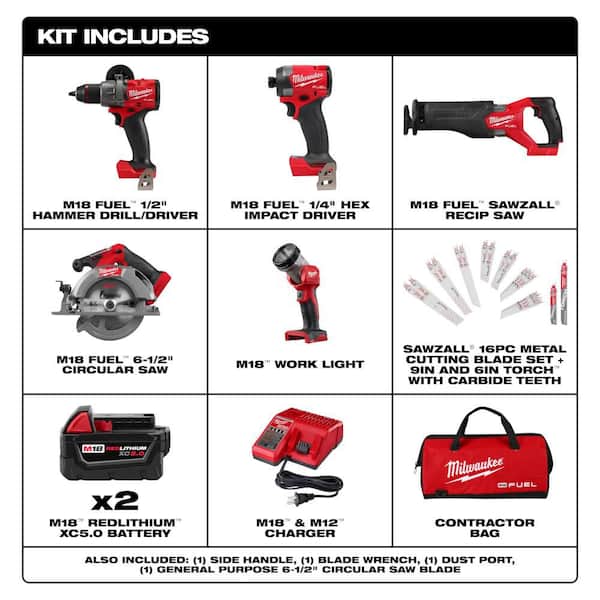 M18 FUEL 18V Li-Ion Cordless Combo Kit (5-Tool) with Two 5.0 Ah Batteries, 1 Charger 1 Bag w/ Recip Blade Set