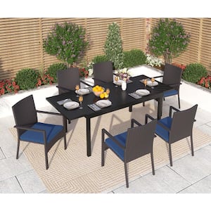 Black 7-Piece Metal Patio Outdoor Dining Set with Geometric Extendable Table and Rattan Chair with Blue Cushion