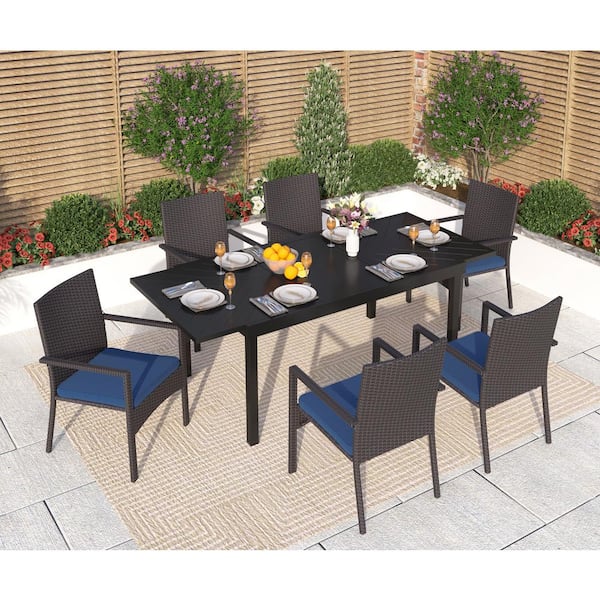 PHI VILLA Black 7-Piece Metal Patio Outdoor Dining Set with Geometric Extendable Table and Rattan Chair with Blue Cushion