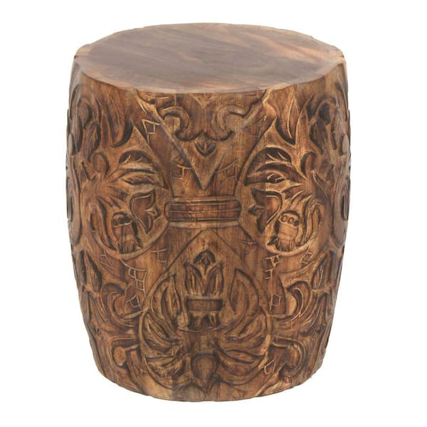 THE URBAN PORT 14 in. Walnut Brown Round End Table with Damask Carved Pattern and Wooden Frame
