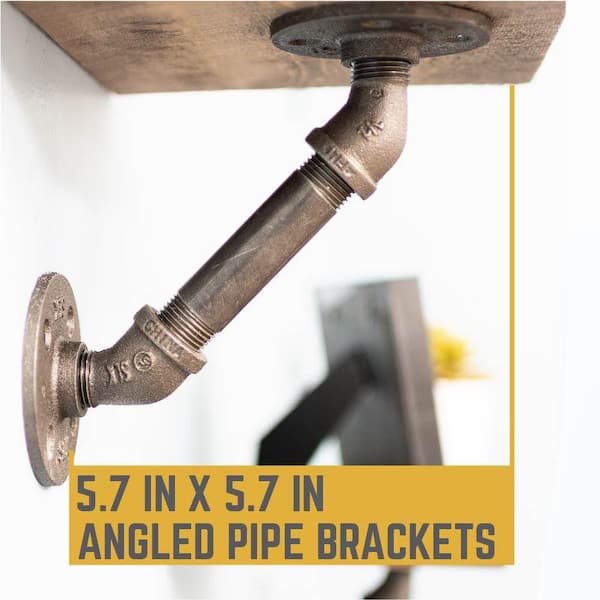 1/2 in. Black Pipe 5.75 in. W x 5.75 in. H Wall Mounted Double Flange Angled Shelf Bracket Kit (4-Pack) 1/2 in. Black Pipe 5.75 in. W x 5.75 in. H Wall Mounted Double Flange Angled Shelf Bracket Kit (4-Pack)