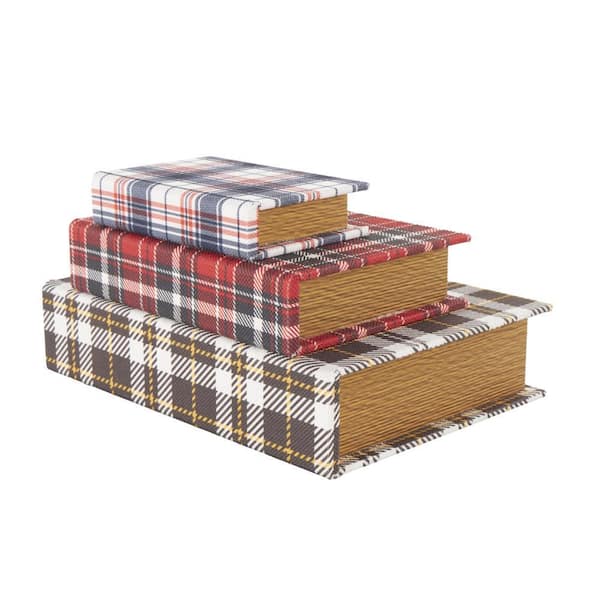 Litton Lane 9 in. Multicolored Plaid Rectangle Wooden Faux Storage Book Geometric Box with Gold Paper Detailed Edges (Set of 3)