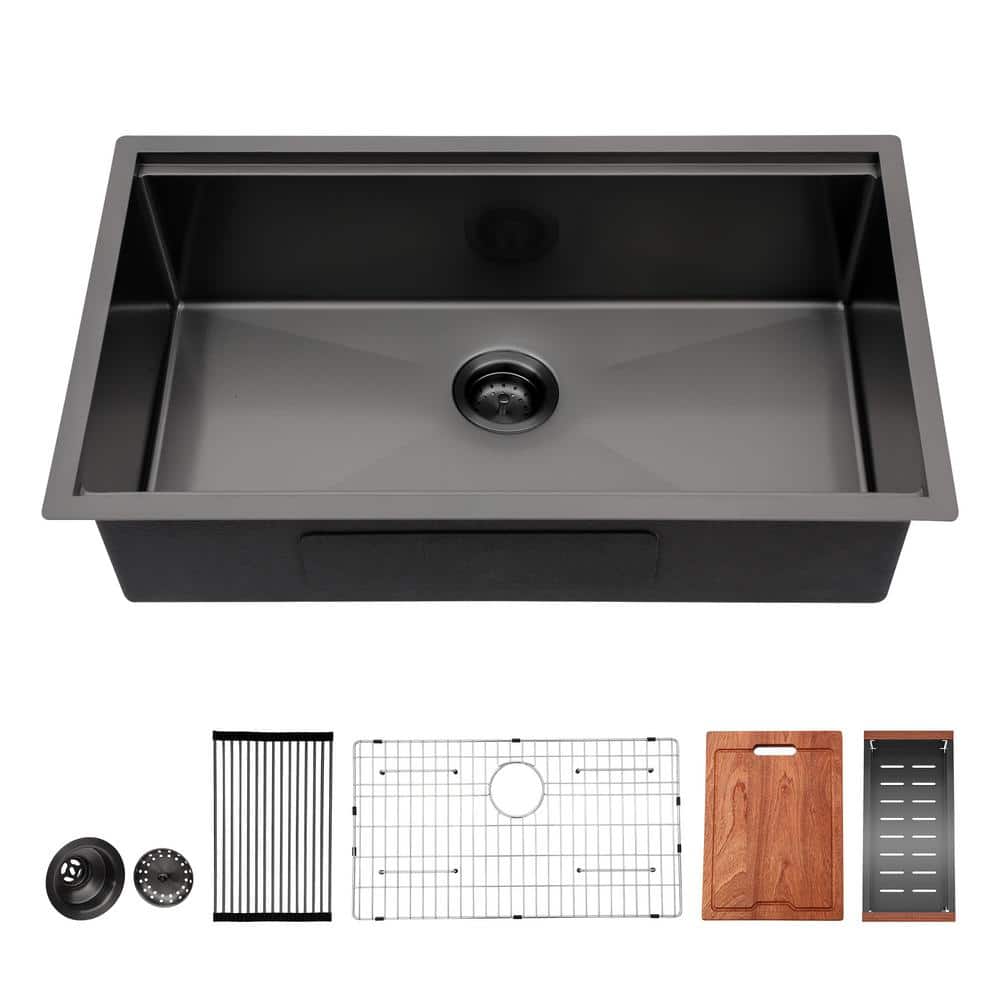 23 in Undermount Single Bowl 16 Gauge Black Stainless Steel Kitchen Sink with Colander and Cutting Board, Gunmetal Black