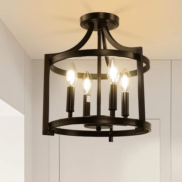 4-Light Black Drum Pendant Light, Convertible Semi Flush Mount Ceiling Fixture for Dining Room, Bedroom, Foyer, Entryway