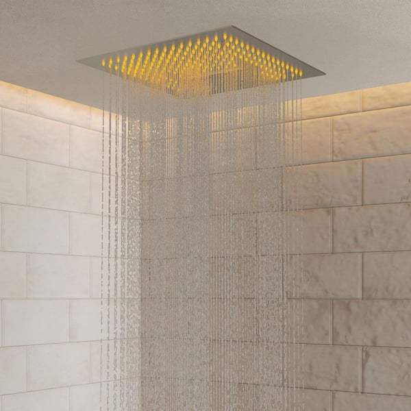 16 in. RGB LED And Temp 6-Jet Shower System 15-Spray with Anti Scald, Thermostatic Valve, Waterfall in Brushed Nickel