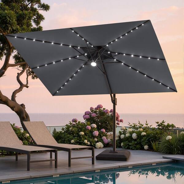 9 foot lighted offset patio umbrella 9/10/11/12ft Solar LED Square Cantilever 9 FT * 11 FT Canopy top height to ground Resenkos 9ft Solar LED Market