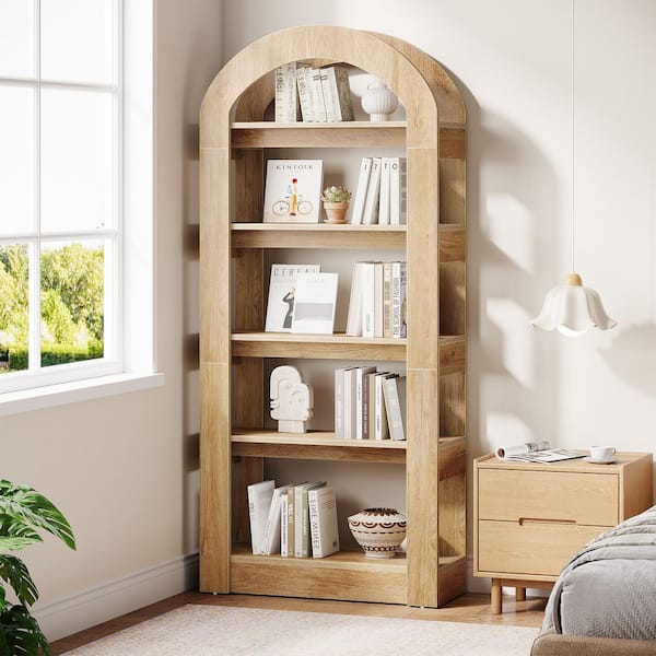 BYBLIGHT Eulas 70. 8in. Tall Brown Engineered Wood 5-Shelf Arched Bookcase Bookshelf for Home Office Living Room
