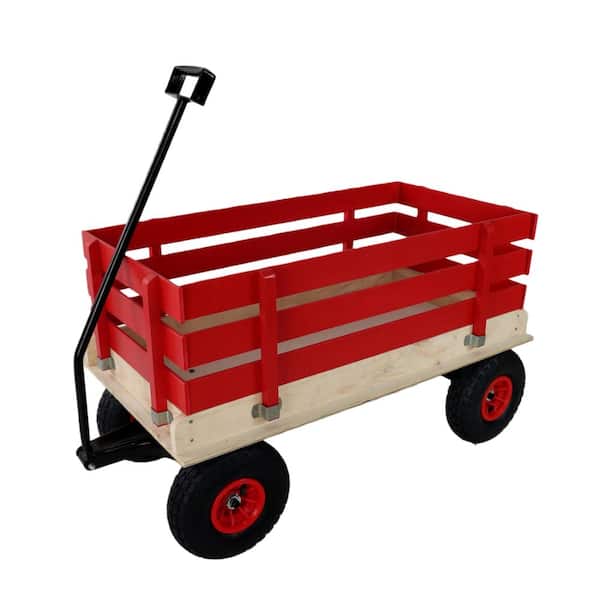 Red Wooden Wagon with Folding Handle, All-Terrain