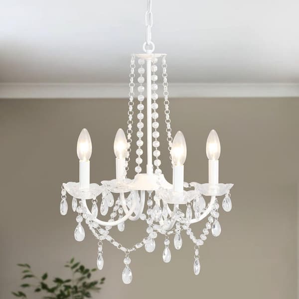 4-Light White Candle-Style Crystal Chandelier Classic Pendant Light