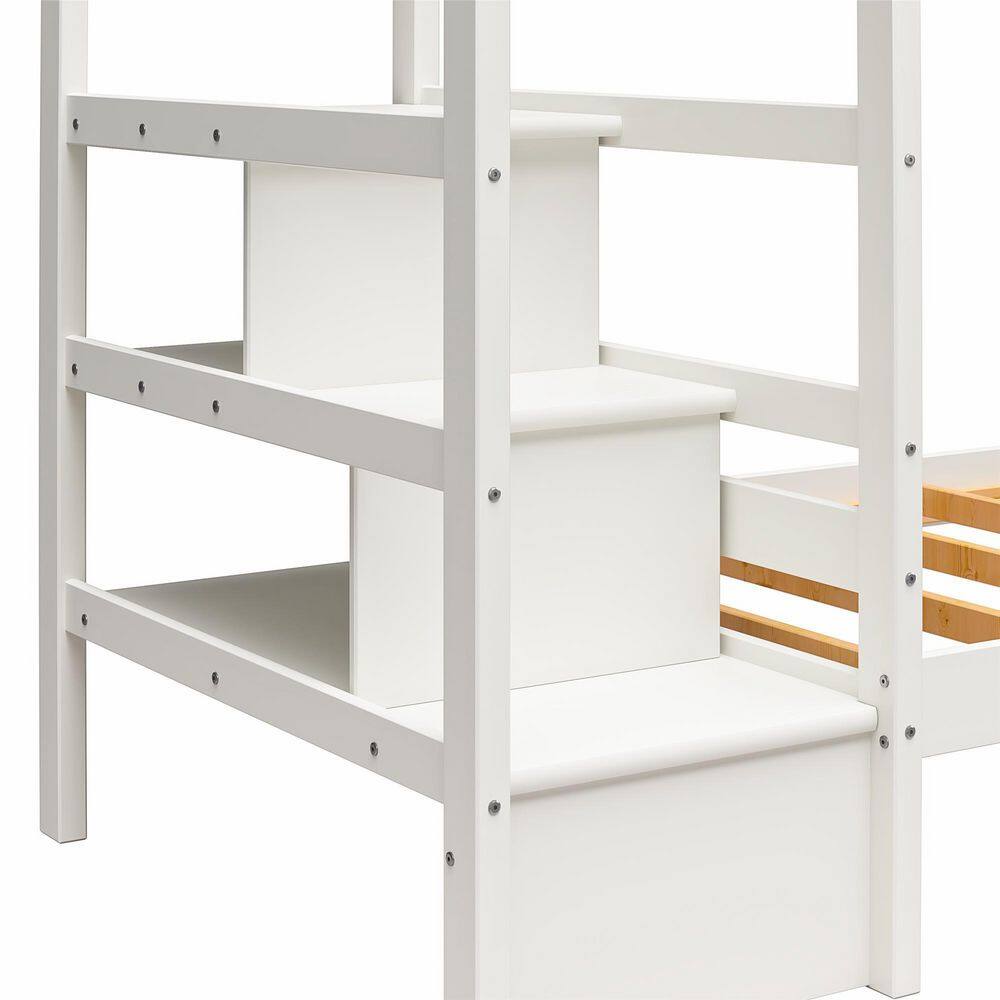 White Twin Over Twin Pine Wood Bunk Bed with Stairs and Shelves