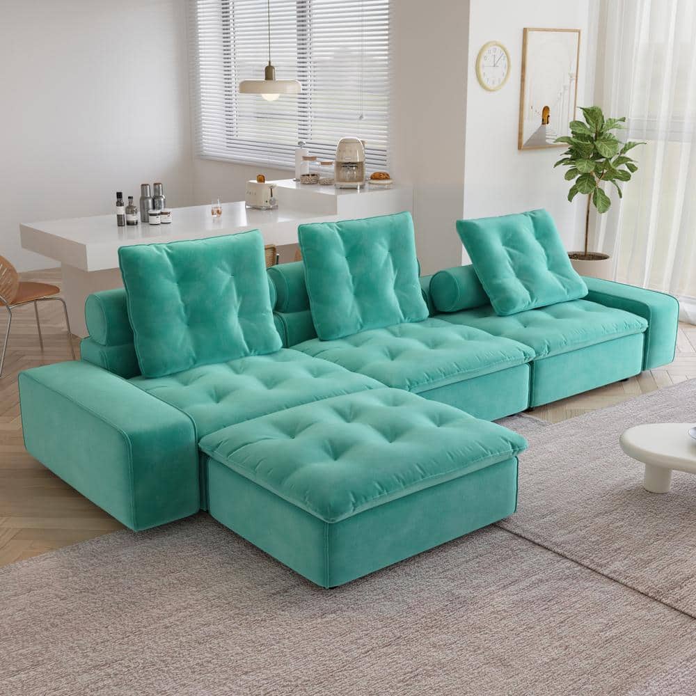 141.77 in. W Square Arm 4-piece L Shaped Velvet Modern Sectional Sofa in. Blue with Ottoman