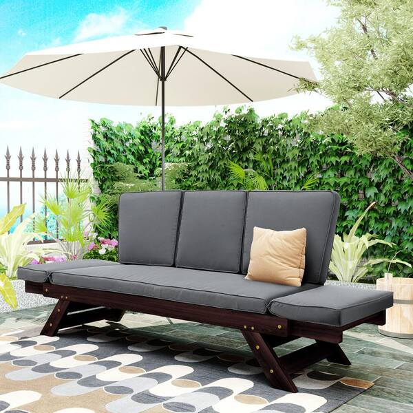 Nestfair Brown Adjustable Wood Outdoor Convertible Sofa Daybed with Gray Cushion