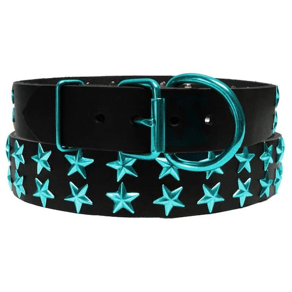 Platinum Pets 29 in. Black Genuine Leather Dog Collar in Teal Stars