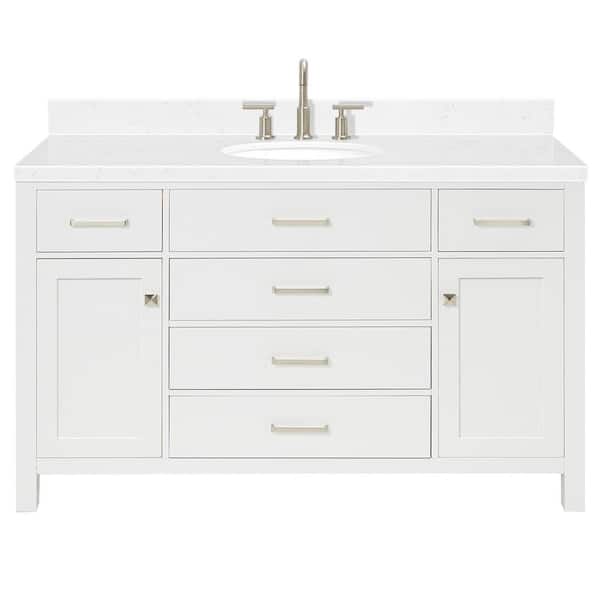 Bristol 54.25 in. W x 22 in. D x 36 in. H Single Sink Freestanding Bath Vanity in White with Carrara White Quartz Top