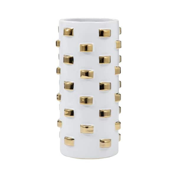 Liv & Skye 15 in. White Stoneware Cylinder Textured Raised Decorative Vase