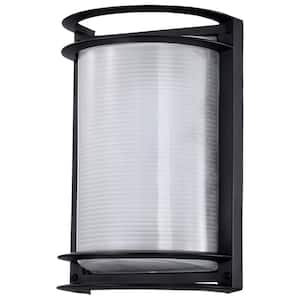 Nuvo 10.52 in. x 7.05 in. Black Hardwired Integrated LED Bulkhead Light with White Glass Shade