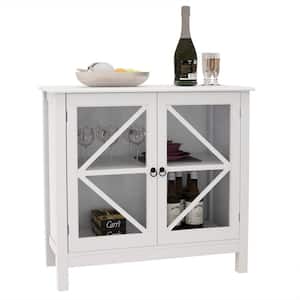 White Wood 31.5 in. Kitchen Island Cabinet with Double Glass Doors with Brushed Nickel Knobs and Square Tapered Legs
