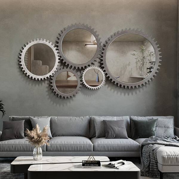 ビンテージ　鏡 Vintage 17 in. W x 17 in. H Wood Round Wall Mirror Gear