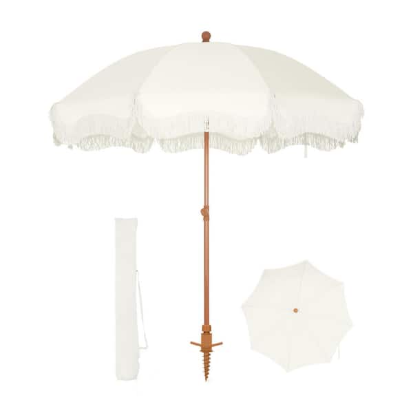 PHI VILLA 7 ft. Metal Beach Umbrella in White with Tassel Design and Cover Carry Bag