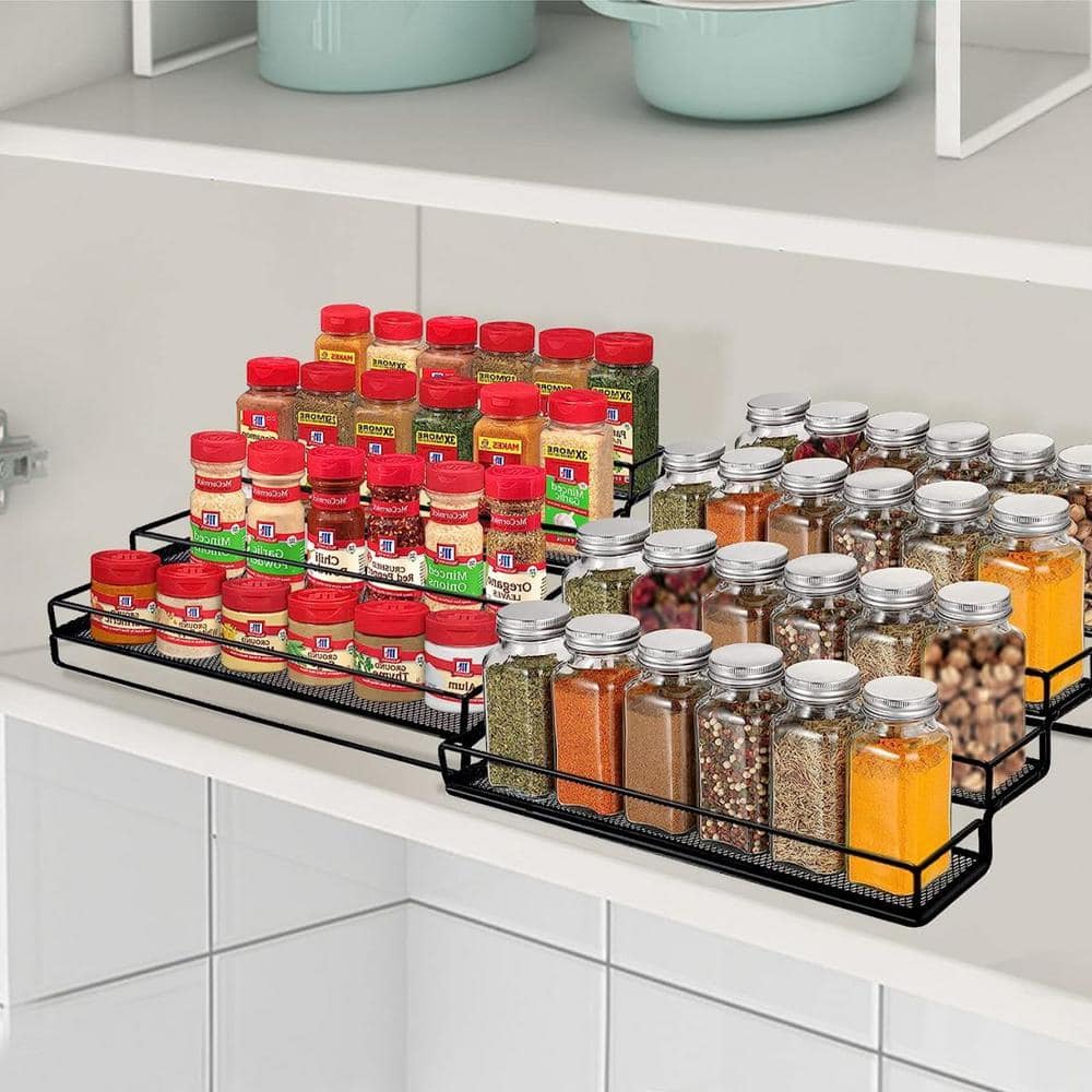 Season Spice Organizer, 4 Tier Black Iron Expandable Shelf, Step Rack Count