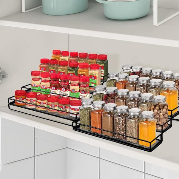 Adrinfly Season Spice Organizer, 4 Tier Black Iron Expandable Shelf, Step Rack Countertop Holder (Metal, 2 Piece)