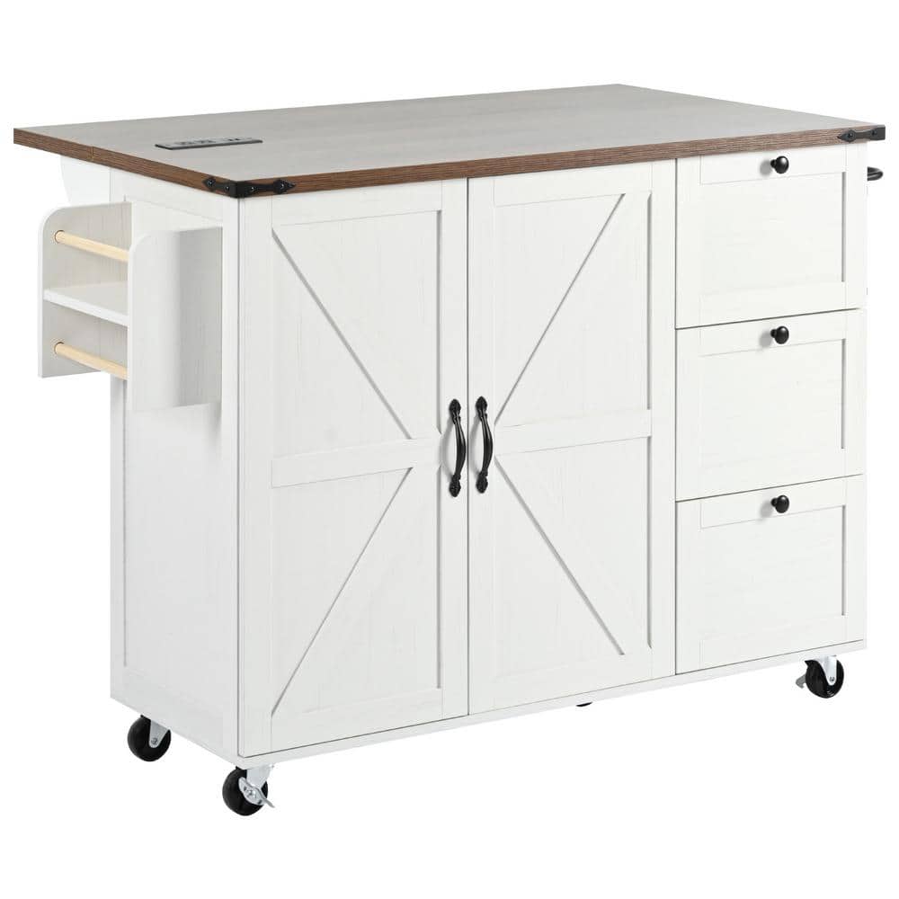 White Wood 54.5 in. Kitchen Island with Drawers, Rolling Kitchen Cart on Wh
