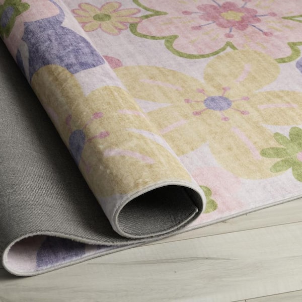 7 ft. x 10 ft. Pink Gray and Purple Juvenile Flowers Youthful Area Rug
