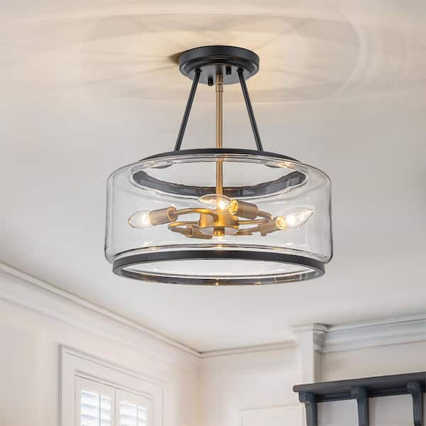 16 in. 4-Light Drum Matte Black and Gold Semi-Flush Mount with Clear Glass Shade for Kitchen Foyer Bedroom