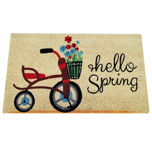 Unbranded Welcome Hello Spring Floral Bicycle Multi 18 in. x 30 in. Coir Non-Slip Indoor Outdoor Door Mat