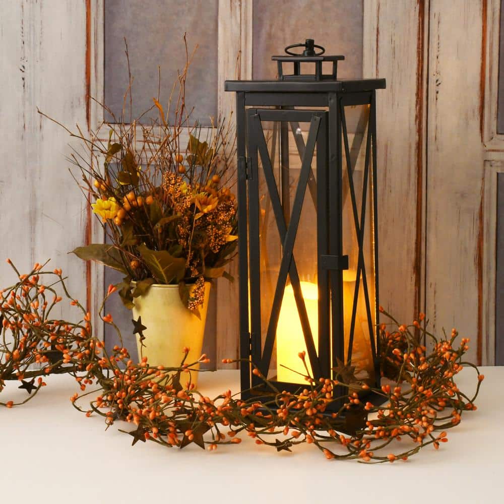 Black Metal Lantern with Amber LED Flameless Candle