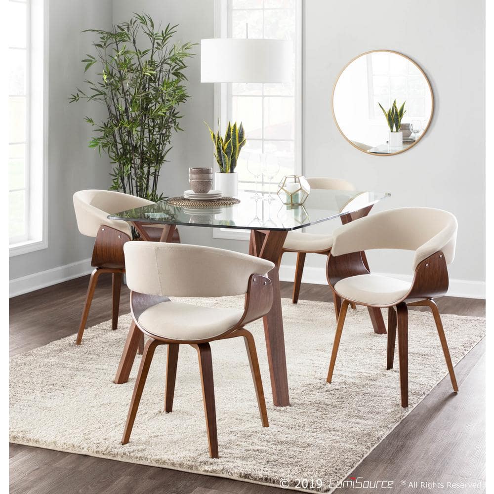 Walnut and Cream Upholstered Curved Arm Chair