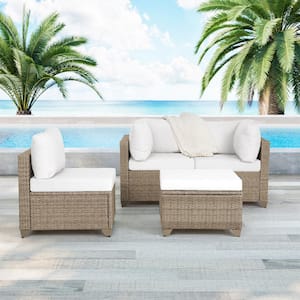 Maui 4-Piece Wicker Patio Conversation Set with Linen White Cushions