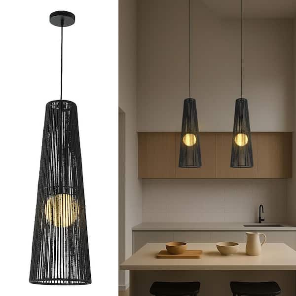 1-Light Modern Black Hand-Woven Rattan Staircase Chandelier Bubble Natural Long Pendant Light High Ceiling Hanging Lamp