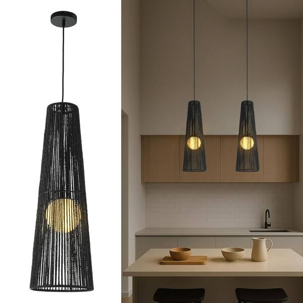 thumbnail image 2 of BNHHLZ Woven Rattan Pendant Light Boho Light Fixture Black Wicker Coastal Pendant Lighting Mini Pendant Lights For Kitchen Island Living Room Dining Room (6.69 In, 2-Pack 2 of 9