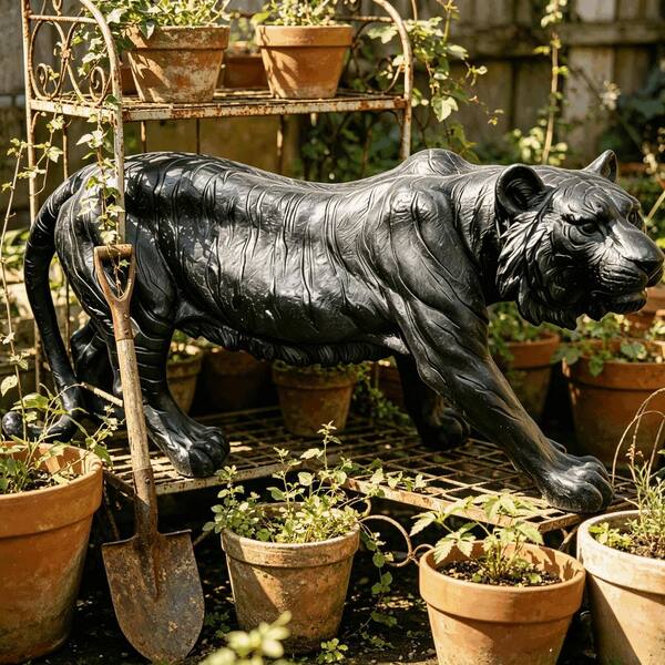 IMAGACFUN Black Resin Tiger Garden Statue Outdoor Decor