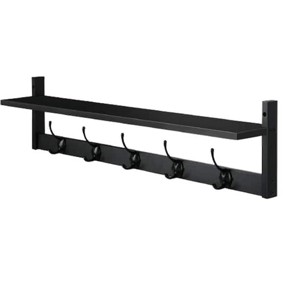 Unbranded 28.9 in. W x 4.52 in. D Black Hanging Shelf With 5 Hooks Decorative Wall Shelf