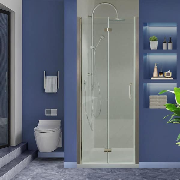 Lonni 30-31.5 in. W x 72 in. H Frameless Bifold Shower Doors with 1/4 in. Thick Clear Glass in a Brushed Nickel Finish.