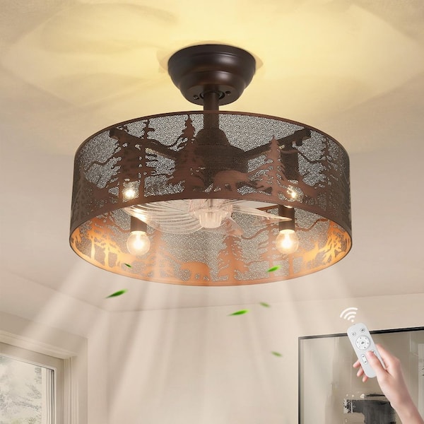 17.7 in. Bronze Metal Downrod Mount Ceiling Fan with Light, Wildlife Rustic Forest Fandelier with ABS Blades and Remote
