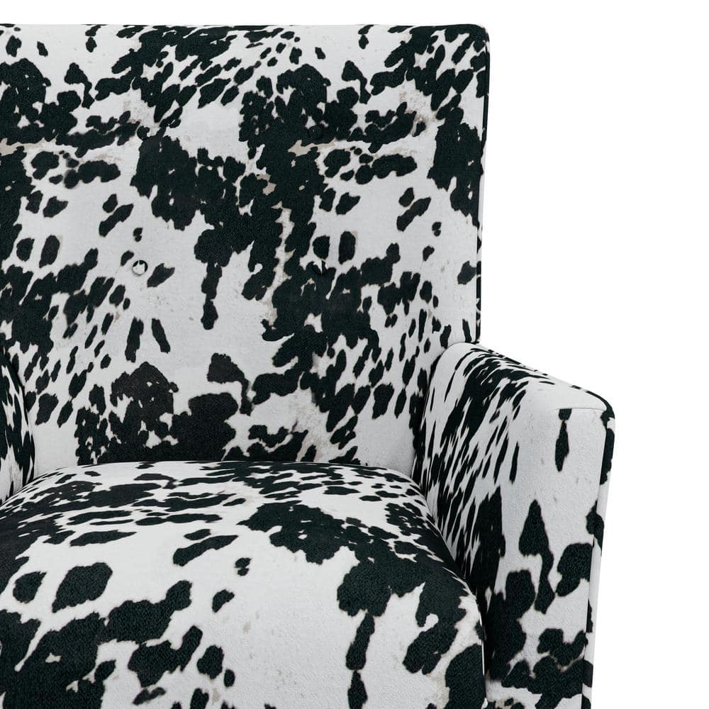 Velvet Black Cow Print Wingback Accent Chair with Flared Arms