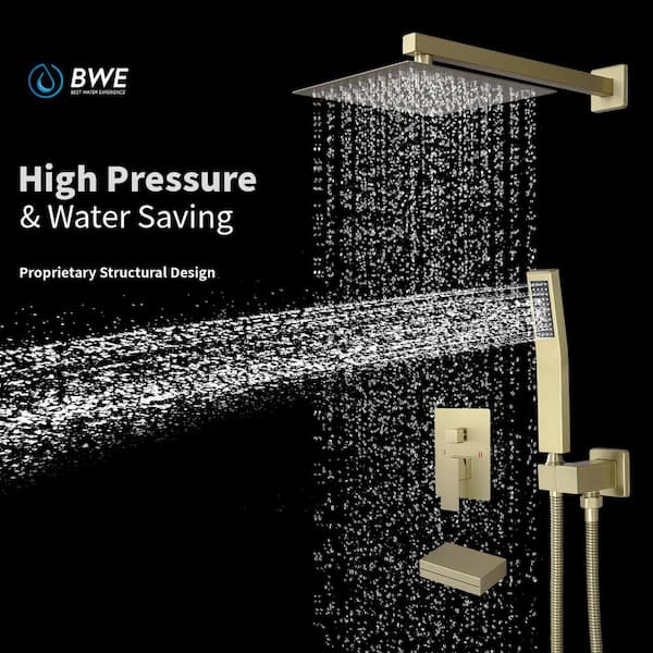 Single Handle 3-Spray Tub and Shower Faucet with 12 in. Shower Head 2.5 GPM with High Pressure in. Gold (Valve Included)