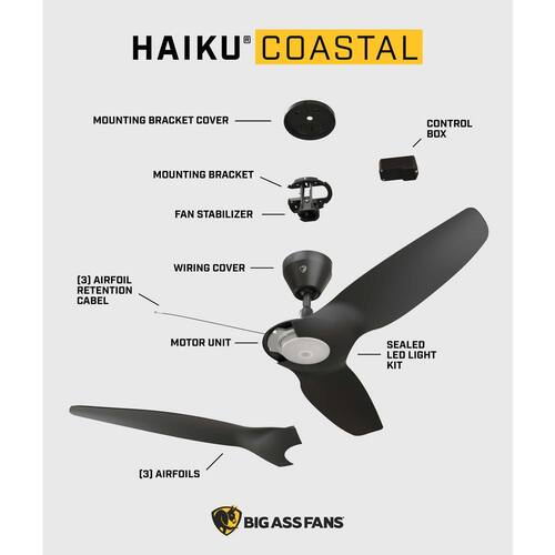 Haiku Coastal 60 in. Smart Outdoor Coastal Black Universal Mount Ceiling Fan with 2700K LED with Remote Plus App Ceiling Fans With Lights