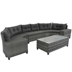 8-Piece Wicker Outdoor Round Sofa Set, Half-Moon Sectional Set with Coffee Table, UV Protected, Movable Gray Cushions