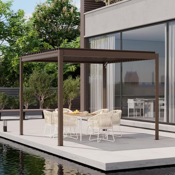 Mondawe 10 ft. x 10 ft. Brown Aluminum Frame Outdoor Patio Louvered Pergola with Adjustable Shade Roof