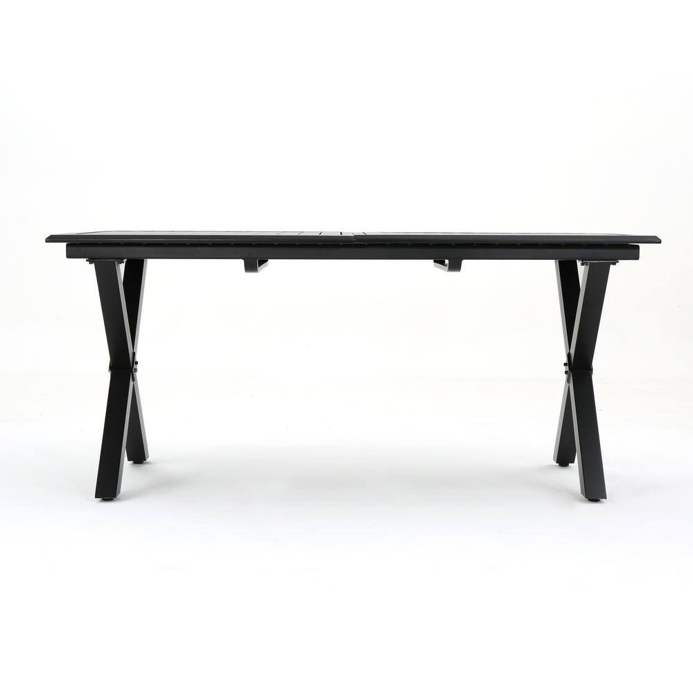 Modern Black Aluminum Slatted Outdoor Dining Table for 6