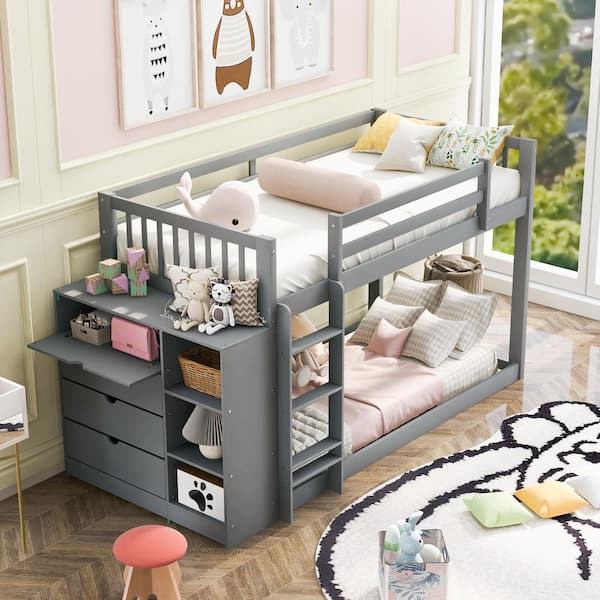 Qualler Gray Twin Bunk Bed with Cabinet and Shelves