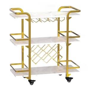 Modern Marbled Solid Wood Kitchen Cart with 3-Tiers in Gold