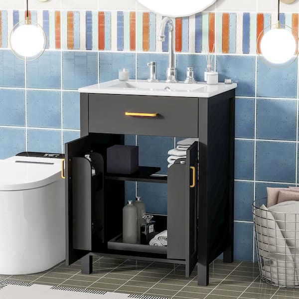 24 in. Freestanding Storage Bathroom Vanity Combo Set with White Ceramic sink, Black Cabinet and 2 Soft-Close Doors