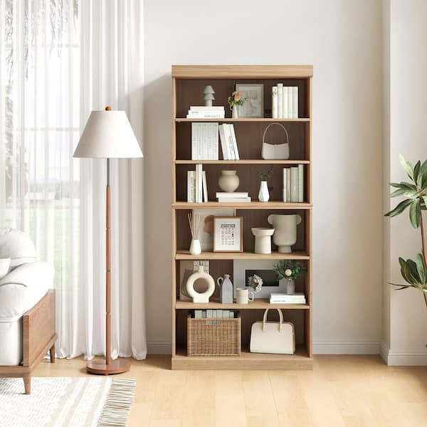 67 in. Tall Natural Wood 6-Shelf Standard Bookcase with Adjustable Shelves