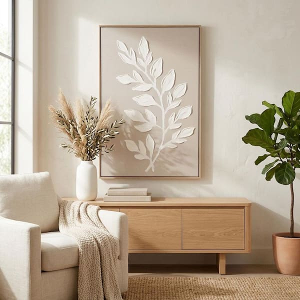 1-Piece Ivory/Beige Abstract Acrylic Canvas Botanical Wall Framed Art Print 35.5 in. x 23.75 in